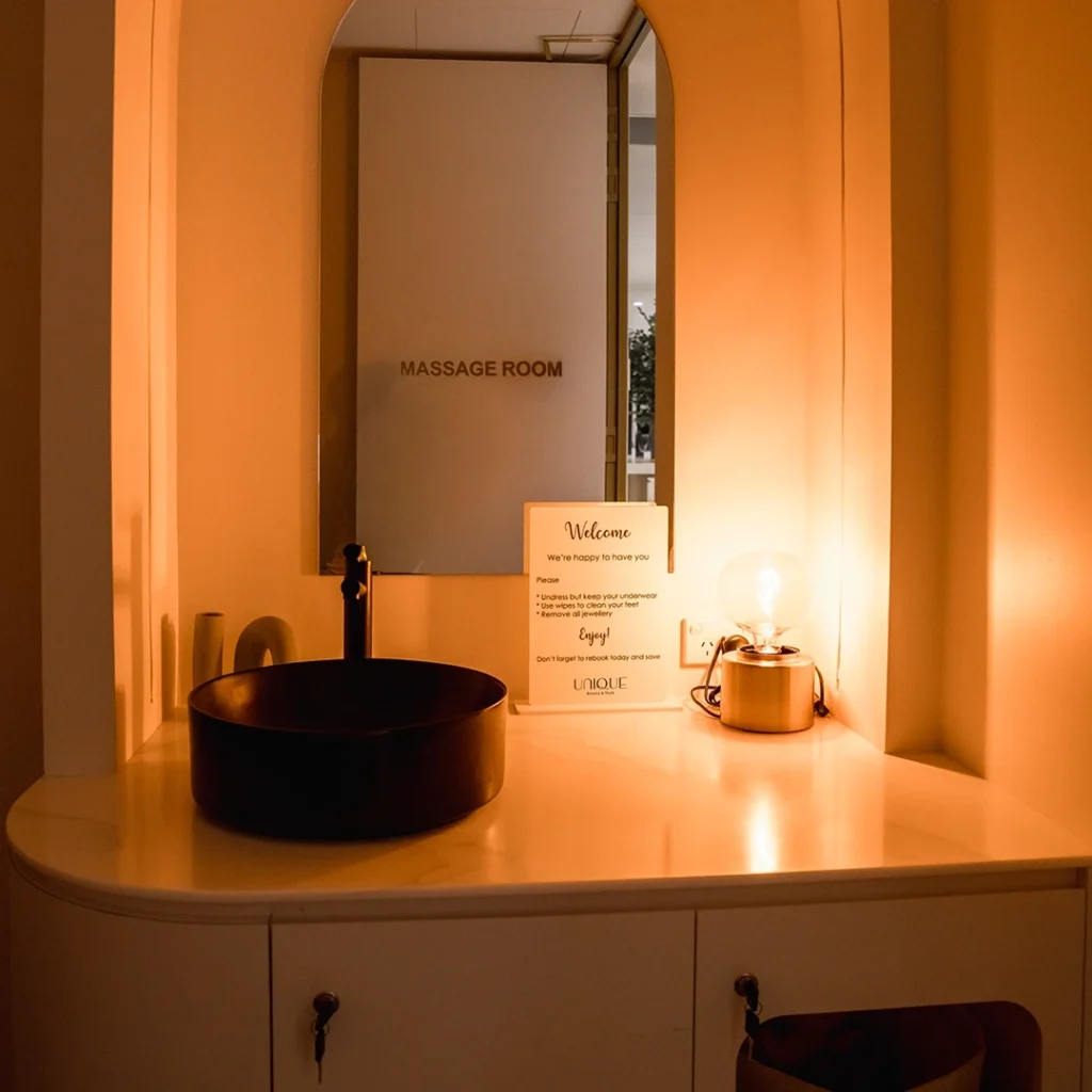 Luxurious and relaxing massage room interior at Unique Beauty & Style, Perth.